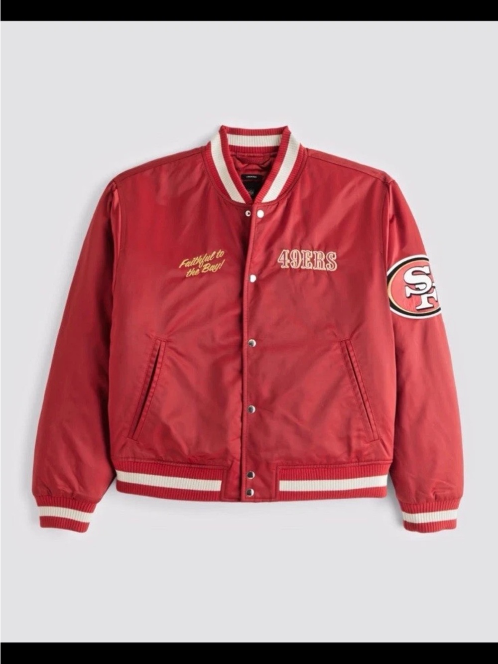 Abercrombie San Francisco 49ers Red Satin Varsity Jacket cropped size L